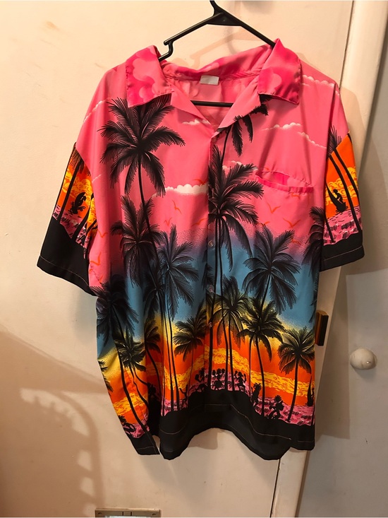 Other - Men’s Tropical Palm Print Button-Up Shirt - Pink Multi